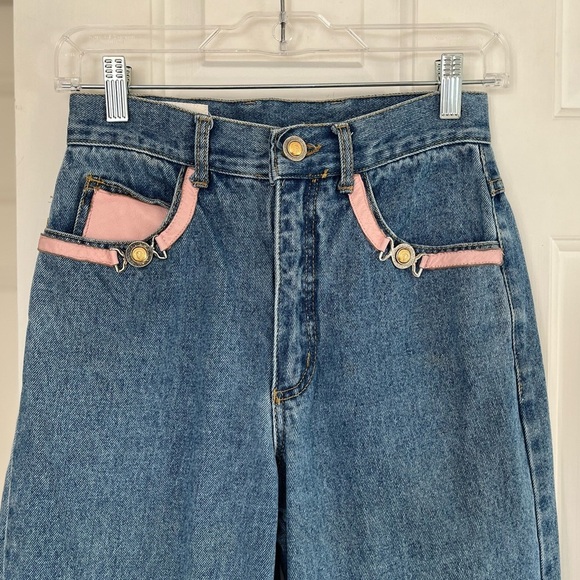 Vintage Cache High Waisted Blue Jeans with Pink Leather Accents 6 - Picture 6 of 16